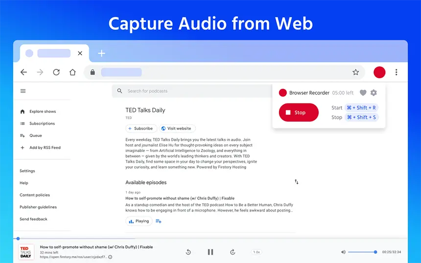 Screenshot of Web Audio Recorder Chrome extension in action